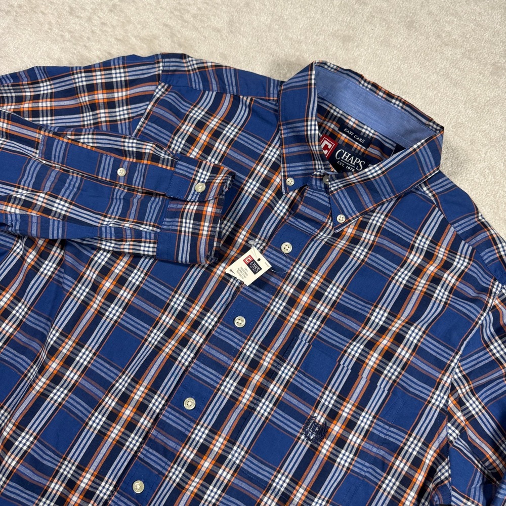 Chaps Button Down Mens M Blue Orange Plaid Easy Care Long Sleeve Shirt Logo